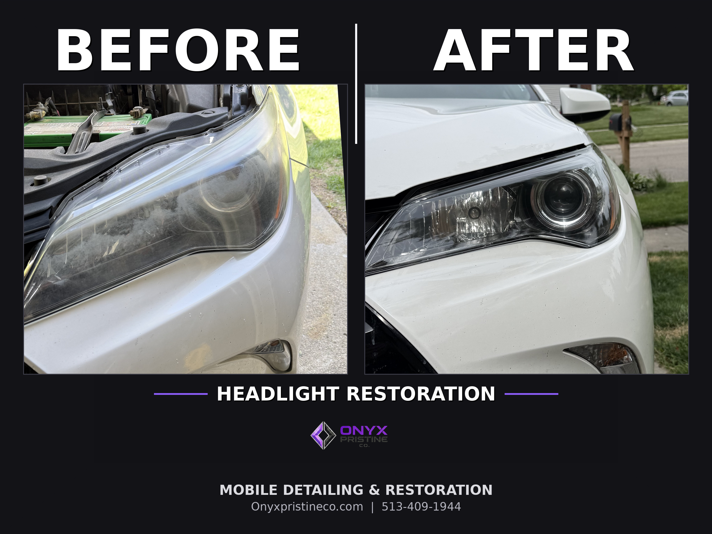 Headlight restoration before and after — Onyx Pristine Co. Cincinnati