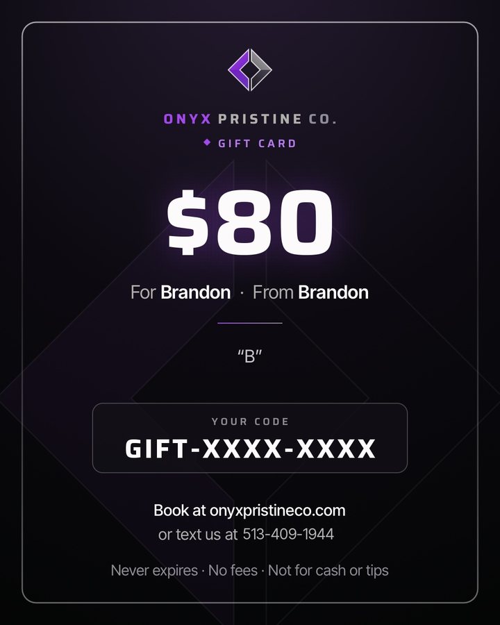 The printable Onyx Pristine gift card with the amount, who it is for and from, a short message and the gift code