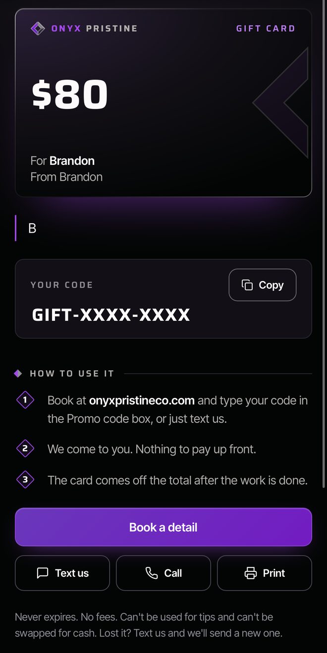 The Onyx Pristine gift card as it opens on a phone: the amount, who it is for, the code with a Copy button, how to use it, and buttons to book, text, call or print