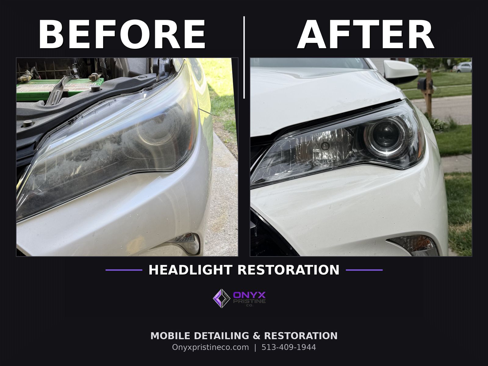 Headlight restoration before and after — Onyx Pristine Co. Cincinnati