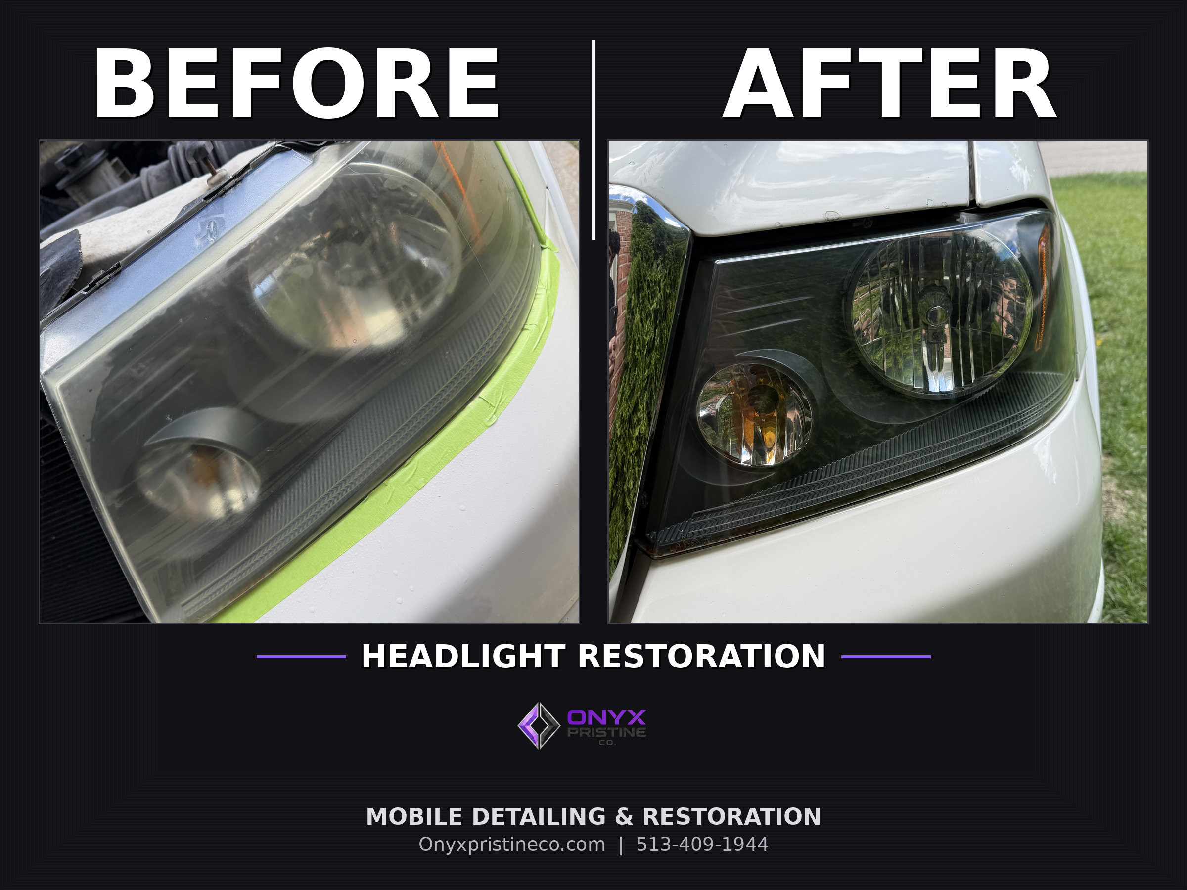 Headlight restoration before and after — Onyx Pristine Co. Cincinnati